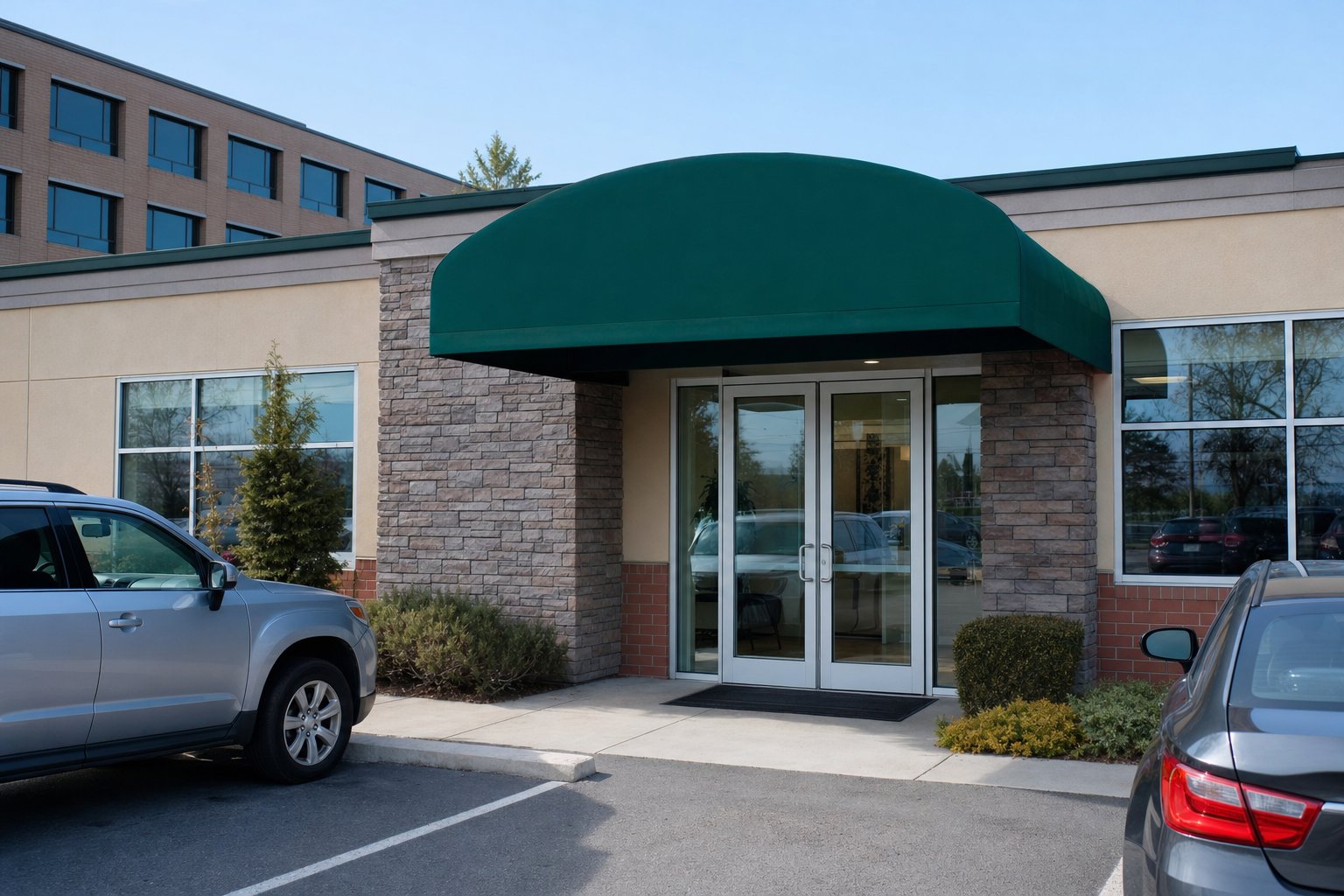 Ground-floor clinic entrance with a green awning and parking at the door