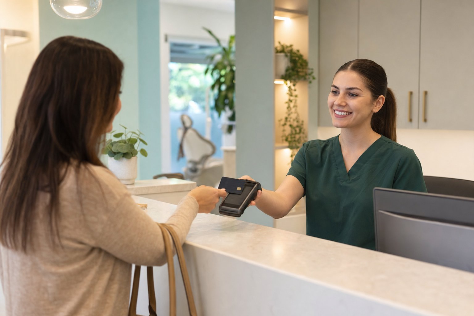 Patient paying by card at the dental front desk