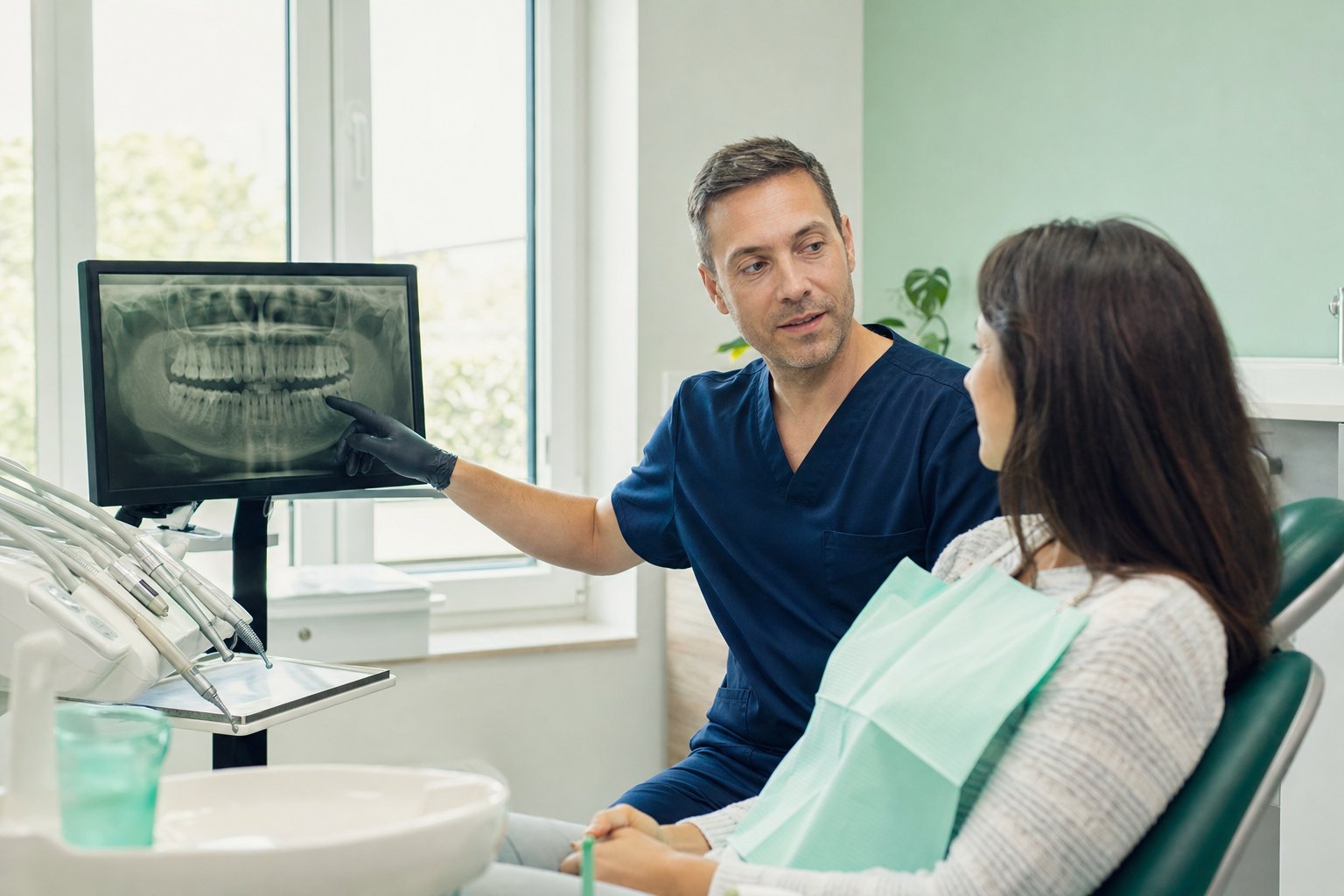 Dentist showing a patient an x-ray beside the treatment chair